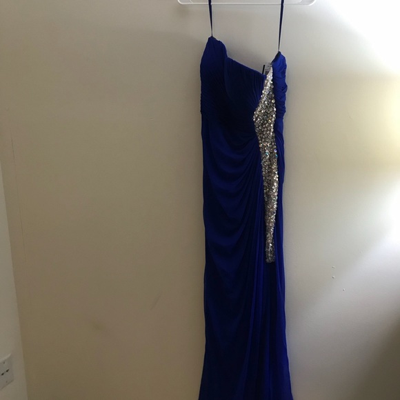 Blue formal dress w rhinestone side panel & split - Picture 1 of 4